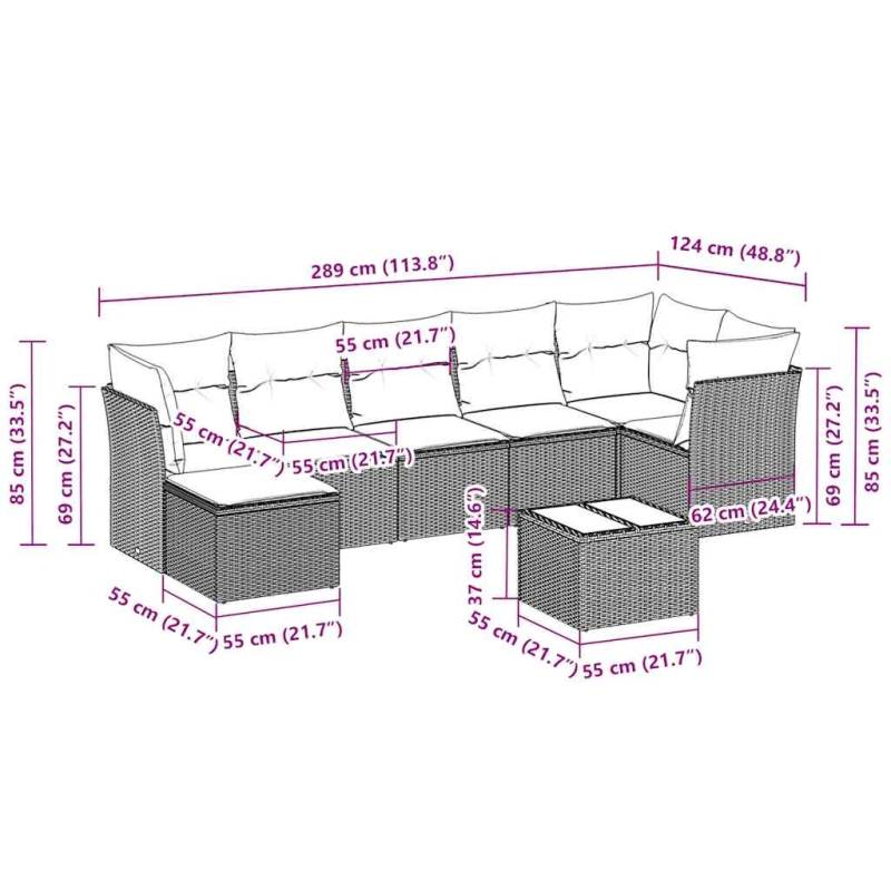 vidaXL 8-daļīgs dārza dīvāna komplekts,matrači, gaiši pelēka PE pinums