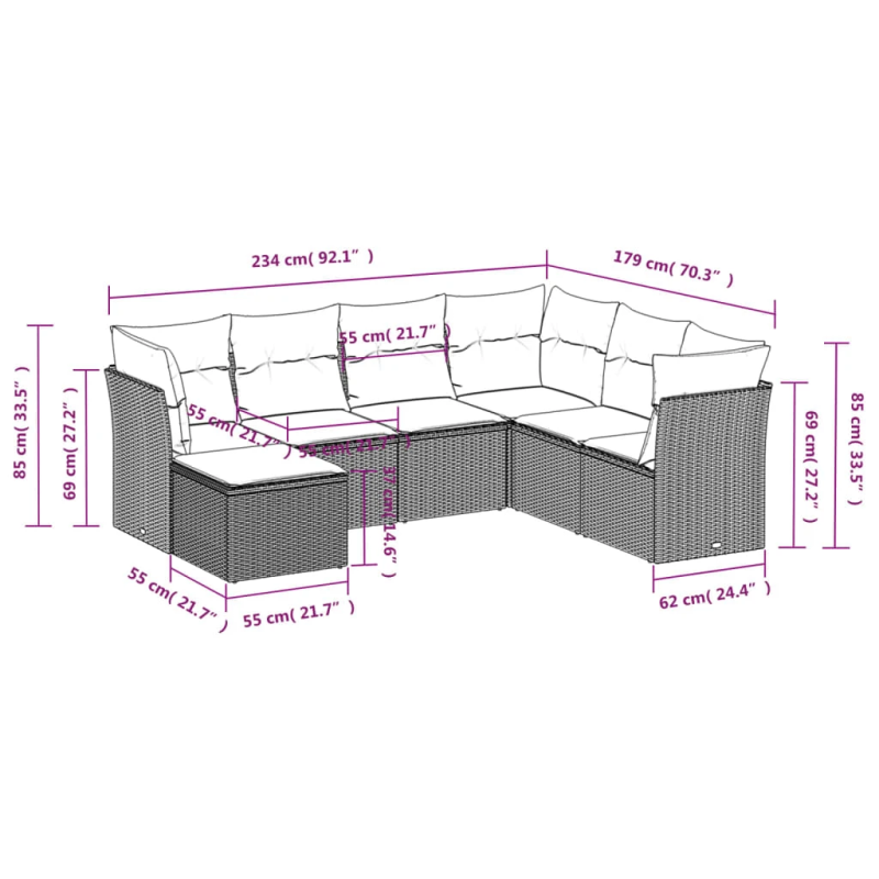 vidaXL Sofos komplektas su pagalvėlėmis, 7 dalių, juodas, poliratanas