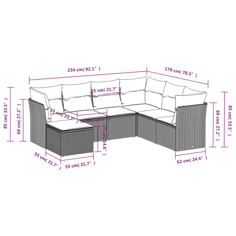 vidaXL 7-daļīgs dārza dīvāna komplekts, matrači, pelēka PE rotangpalma