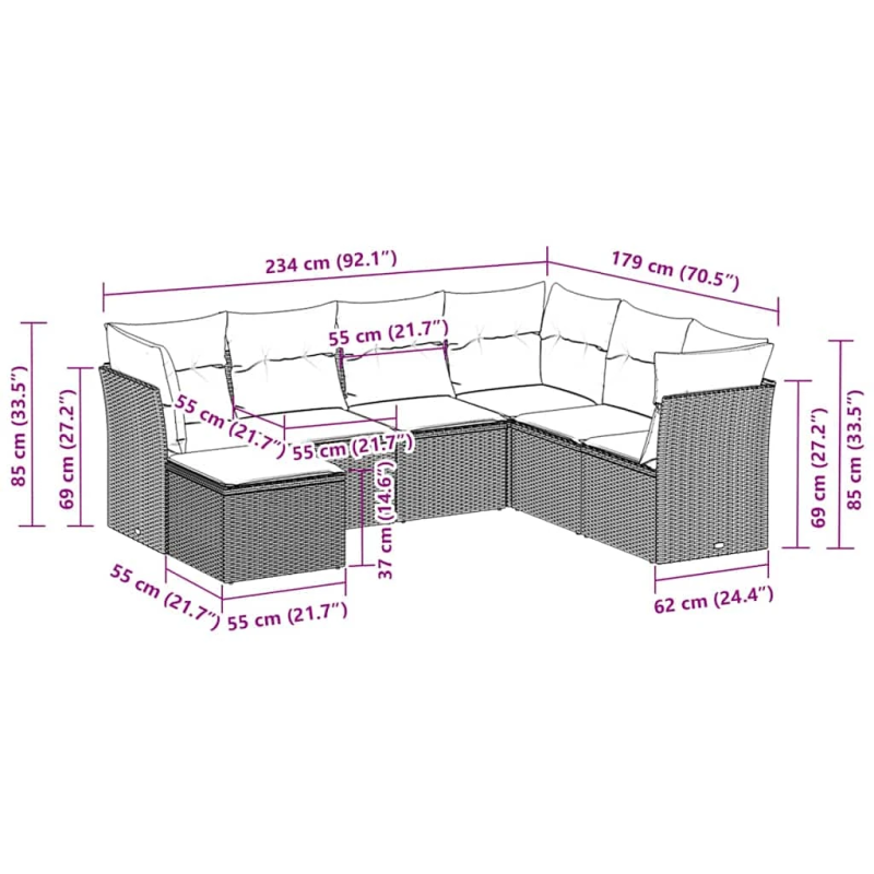 vidaXL 7-daļīgs dārza dīvāna komplekts,matrači, gaiši pelēka PE pinums