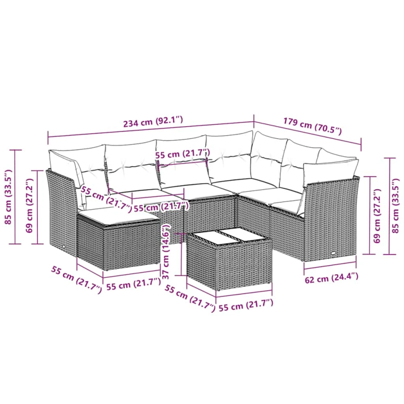 vidaXL 8-daļīgs dārza dīvāna komplekts,matrači, gaiši pelēka PE pinums