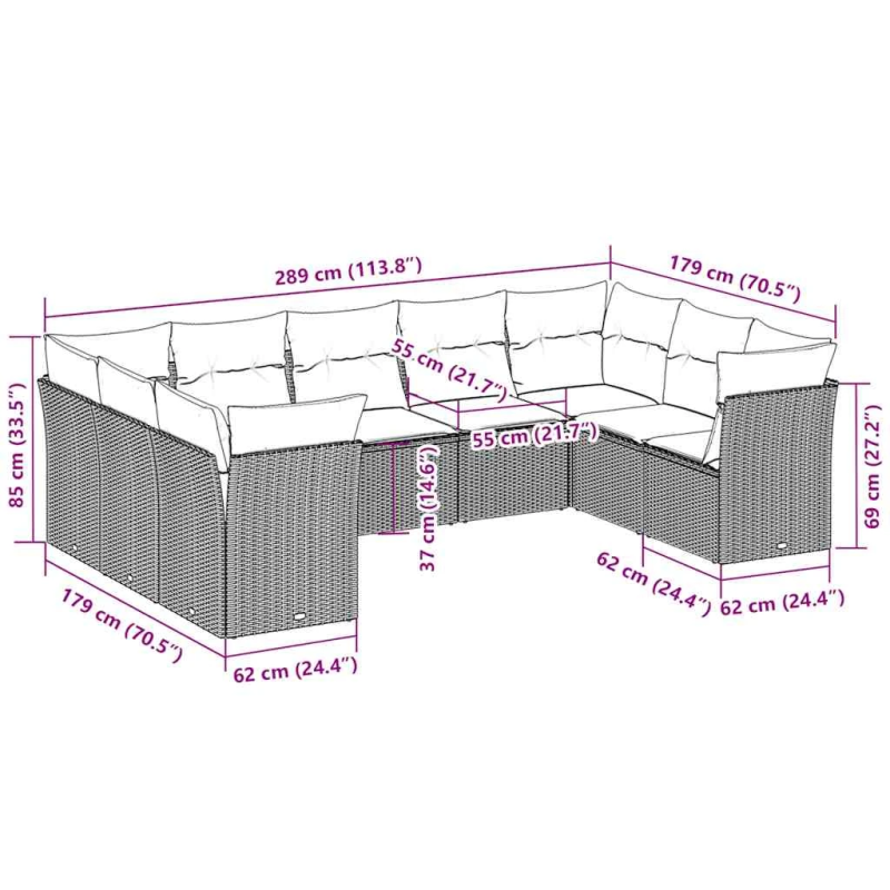vidaXL 9-daļīgs dārza dīvāna komplekts,matrači, gaiši pelēka PE pinums