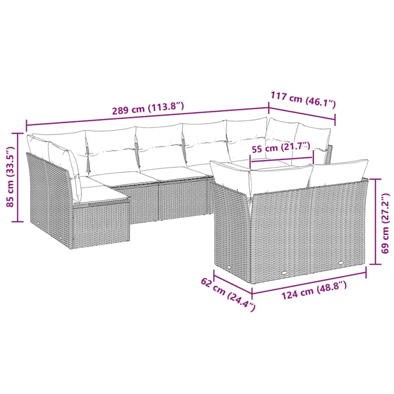 vidaXL 9-daļīgs dārza dīvāna komplekts,matrači, gaiši pelēka PE pinums