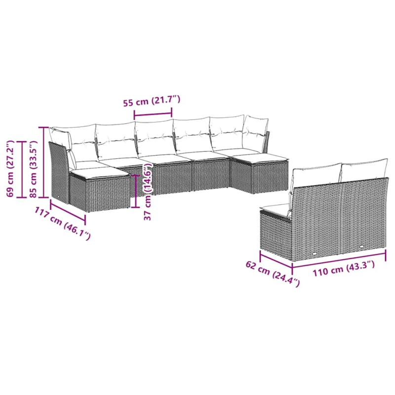 vidaXL 9-daļīgs dārza dīvāna komplekts, matrači, melna PE rotangpalma