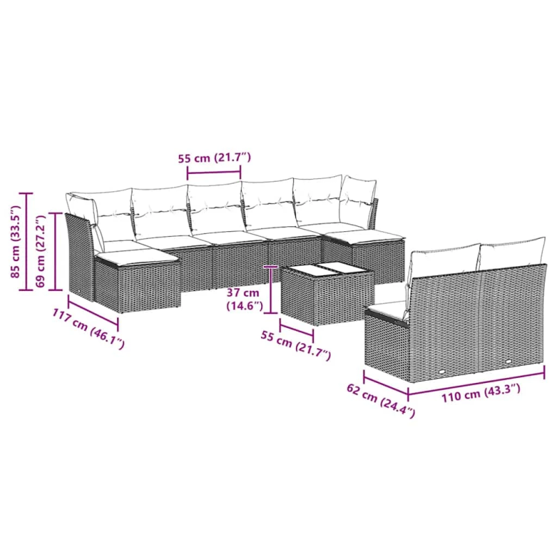 vidaXL 10-daļīgs dārza dīvāna komplekts ar matračiem, pelēka PE pinums