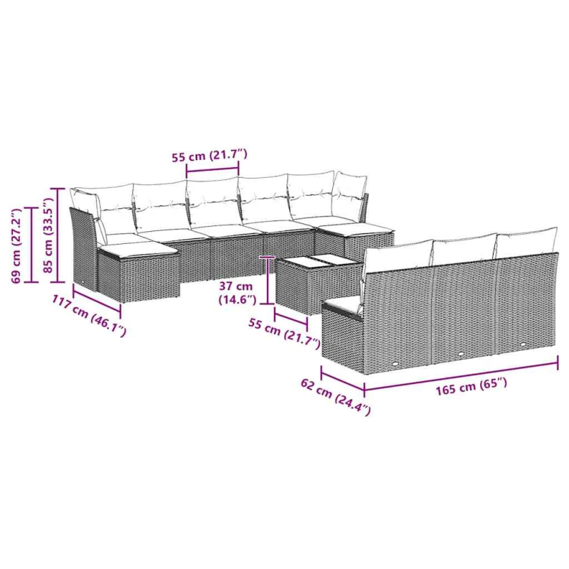 vidaXL 11-daļīgs dārza dīvāna komplekts ar matračiem, pelēka PE pinums
