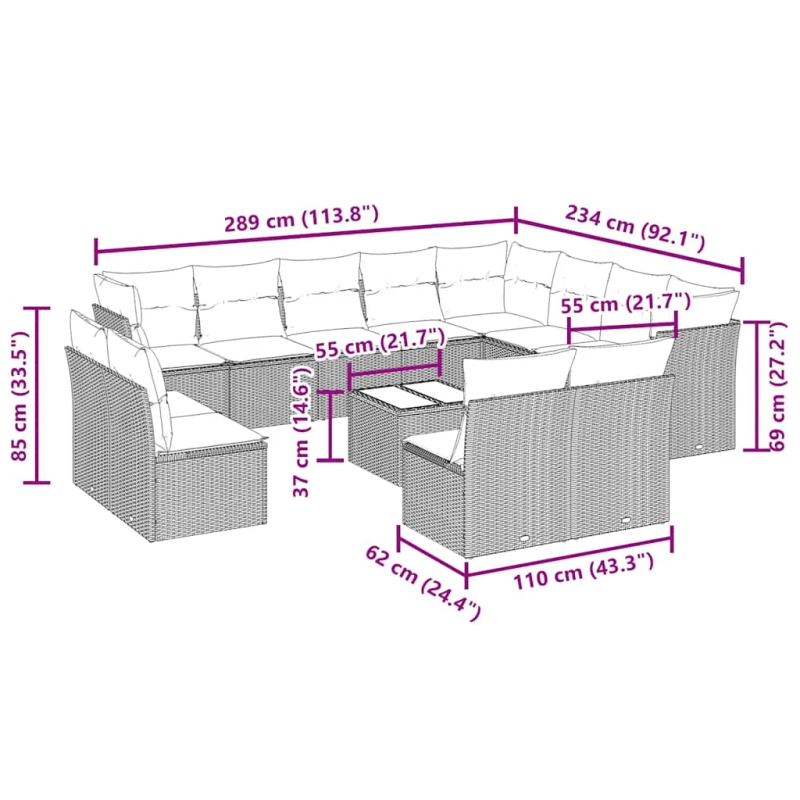 vidaXL 13-daļīgs dārza dīvāna komplekts ar matračiem, pelēka PE pinums