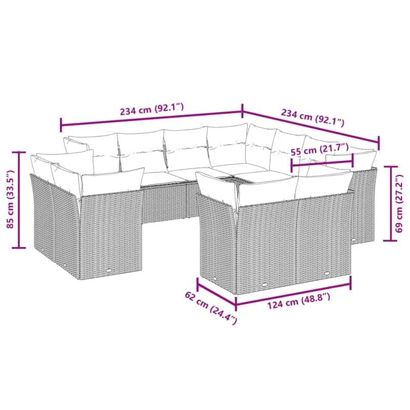 vidaXL 11-daļīgs dārza dīvāna komplekts, matrači, melna PE rotangpalma