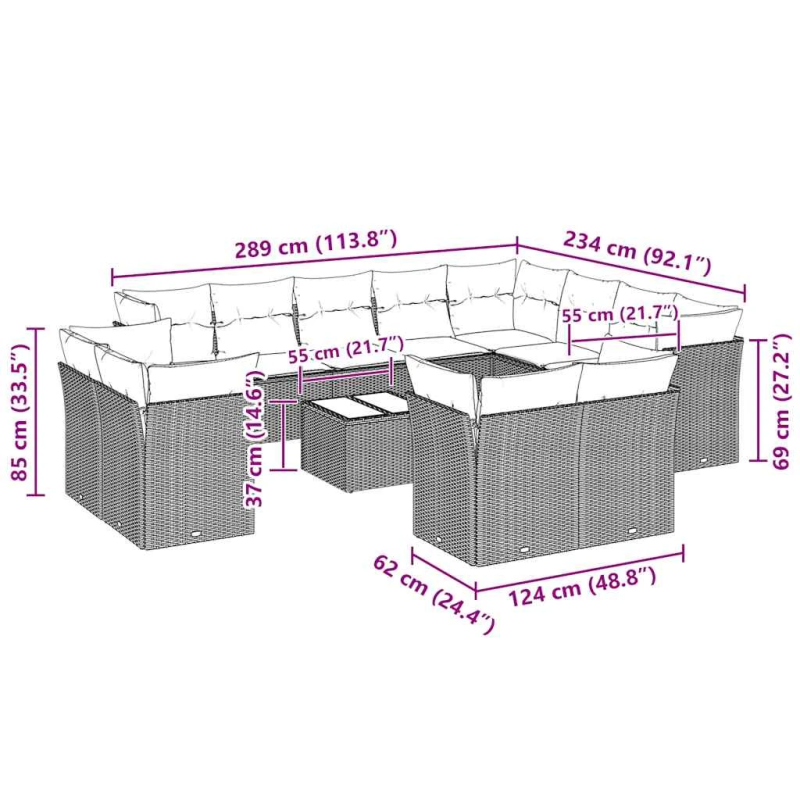 vidaXL 13-daļīgs dārza dīvāna komplekts ar matračiem, pelēka PE pinums