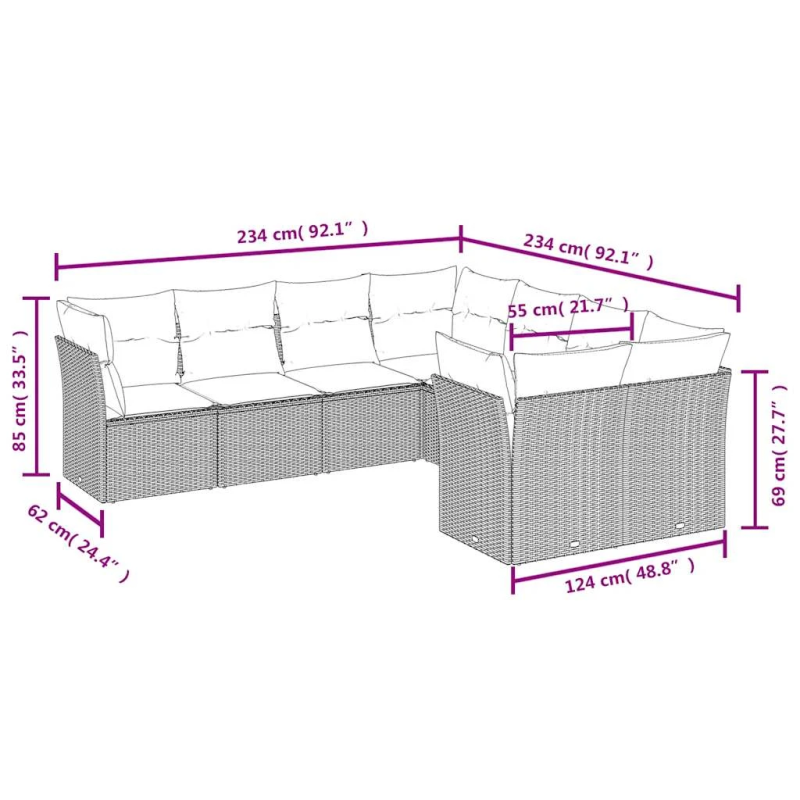 vidaXL 8-daļīgs dārza dīvāna komplekts, matrači, bēša PE rotangpalma