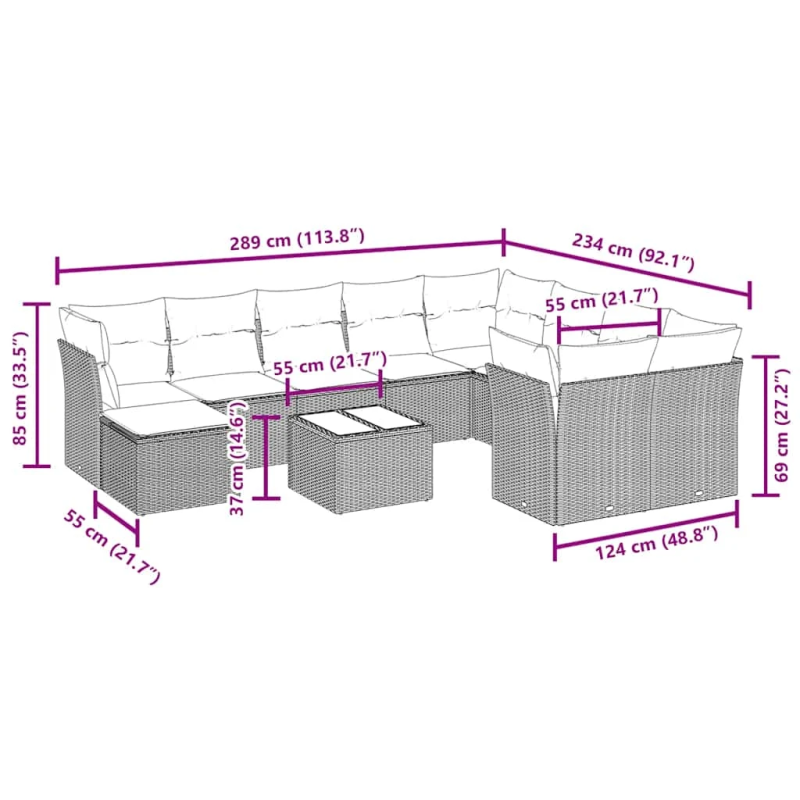vidaXL 11-daļīgs dārza dīvāna komplekts, matrači, melna PE rotangpalma