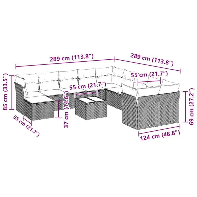 vidaXL 12-daļīgs dārza dīvāna komplekts ar matračiem, pelēka PE pinums