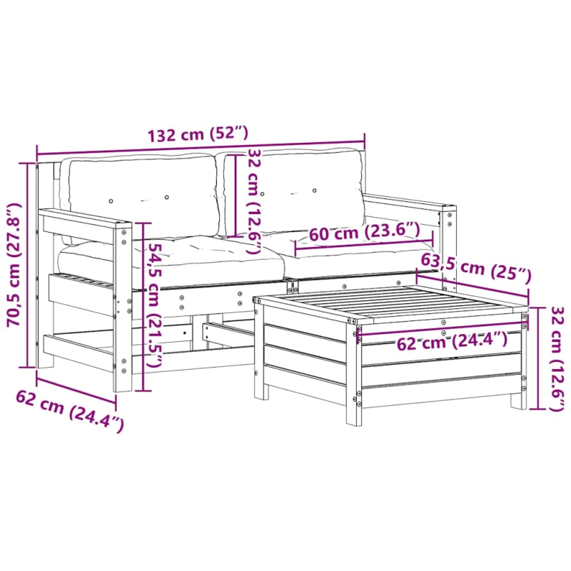 vidaXL 3-daļīgs dārza mēbeļu komplekts ar matračiem, priedes koks