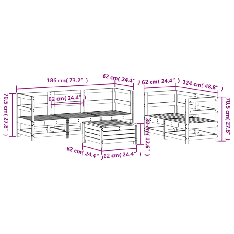 vidaXL 6-daļīgs dārza dīvānu komplekts, balts priedes masīvkoks