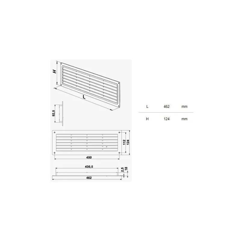 Ventilācijas reste Haushalt, plastmasa, 462 mm x 124 mm