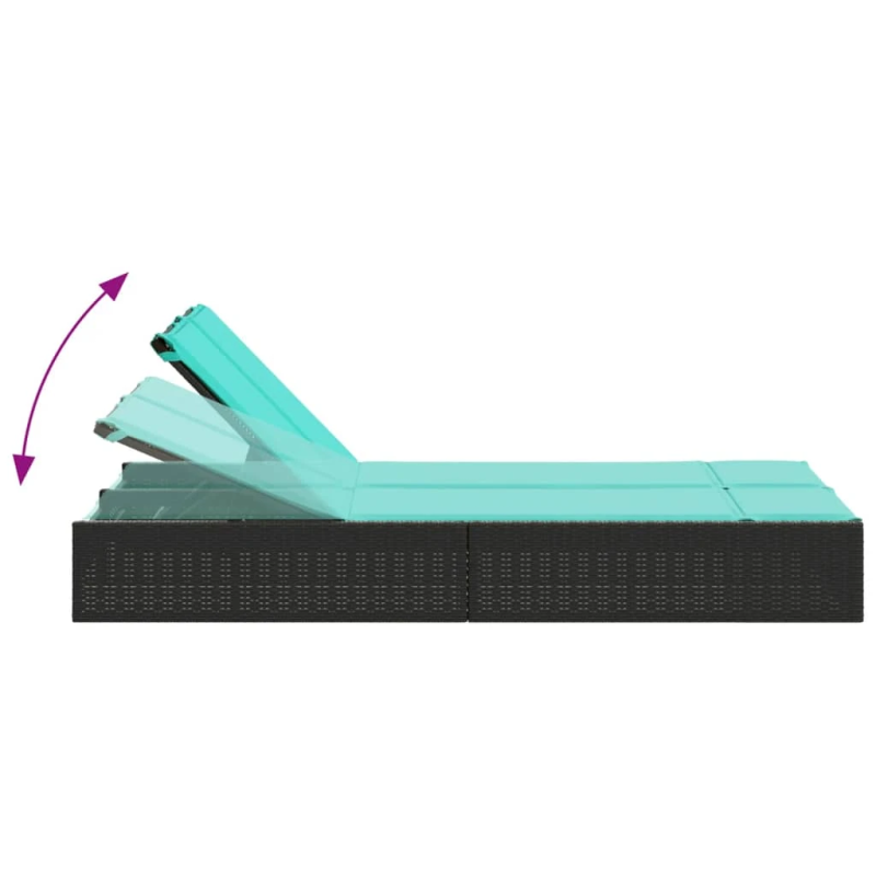 vidaXL divvietīgs sauļošanās krēsls ar spilveniem, melns polietilēna rotangpalmas pinums