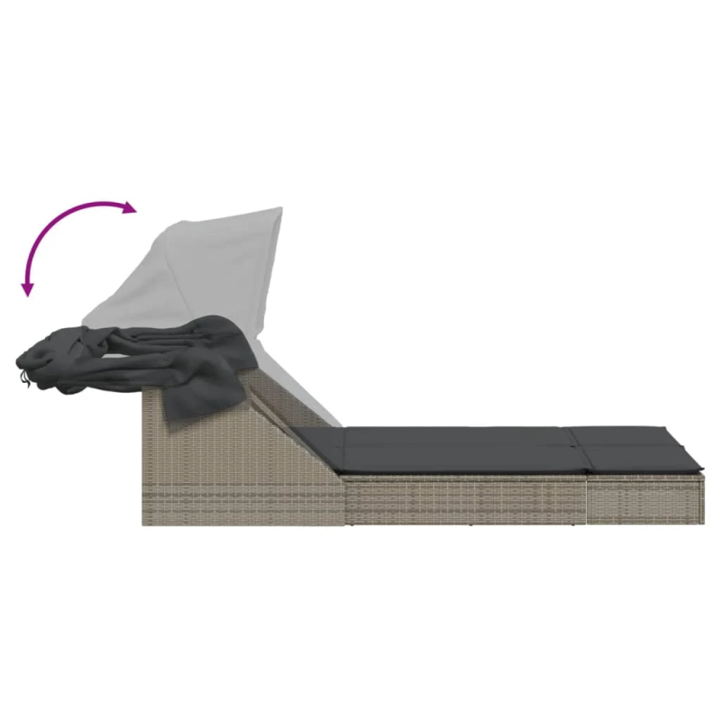 vidaXL divvietīgs sauļošanās krēsls ar jumtiņu, pelēka PE rotangpalma