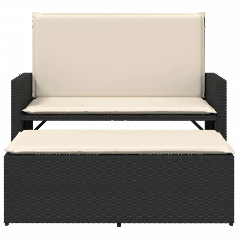 vidaXL dārza sols ar matračiem un kājsoliņu, melna PE rotangpalma