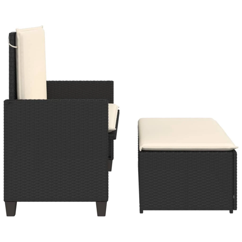 vidaXL dārza sols ar matračiem un kājsoliņu, melna PE rotangpalma