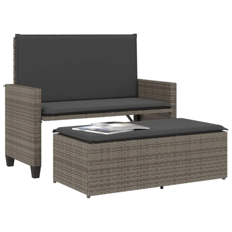 vidaXL dārza sols ar matračiem un kājsoliņu, pelēka PE rotangpalma