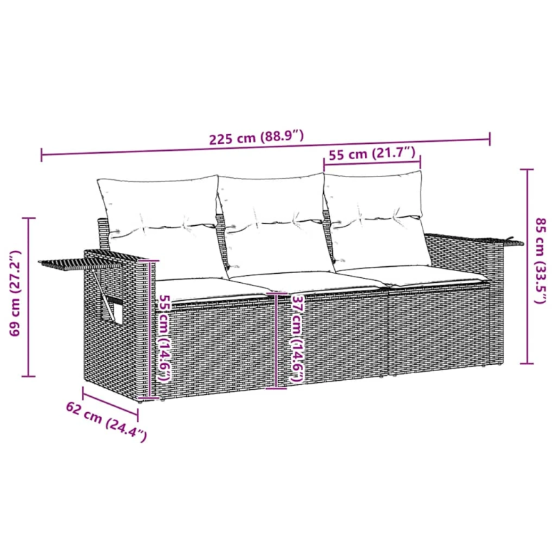 vidaXL 3-daļīgs dārza dīvānu komplekts, matrači, brūna PE rotangpalma