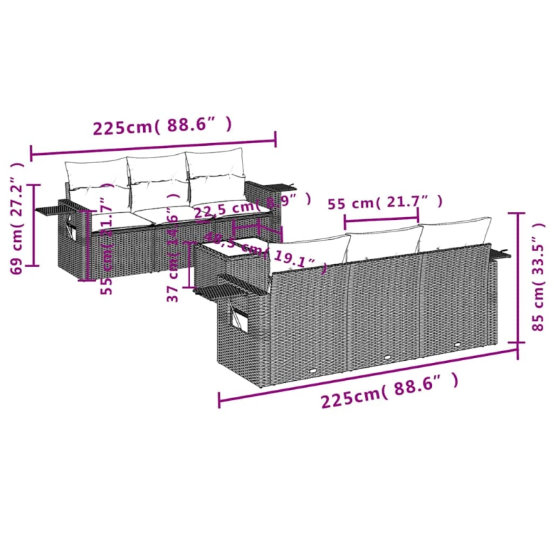 vidaXL 7-daļīgs dārza dīvāna komplekts,matrači, gaiši pelēka PE pinums