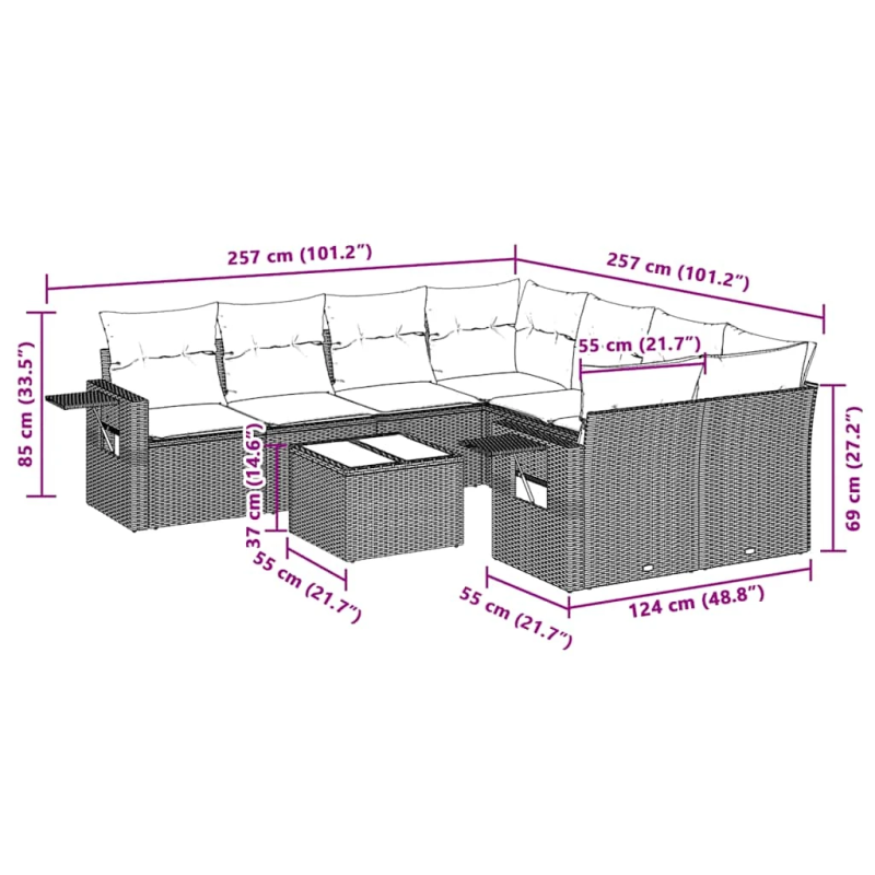 vidaXL 9-daļīgs dārza dīvāna komplekts,matrači, gaiši pelēka PE pinums