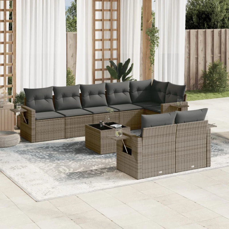 vidaXL 9-daļīgs dārza dīvāna komplekts ar matračiem, pelēks PE pinums