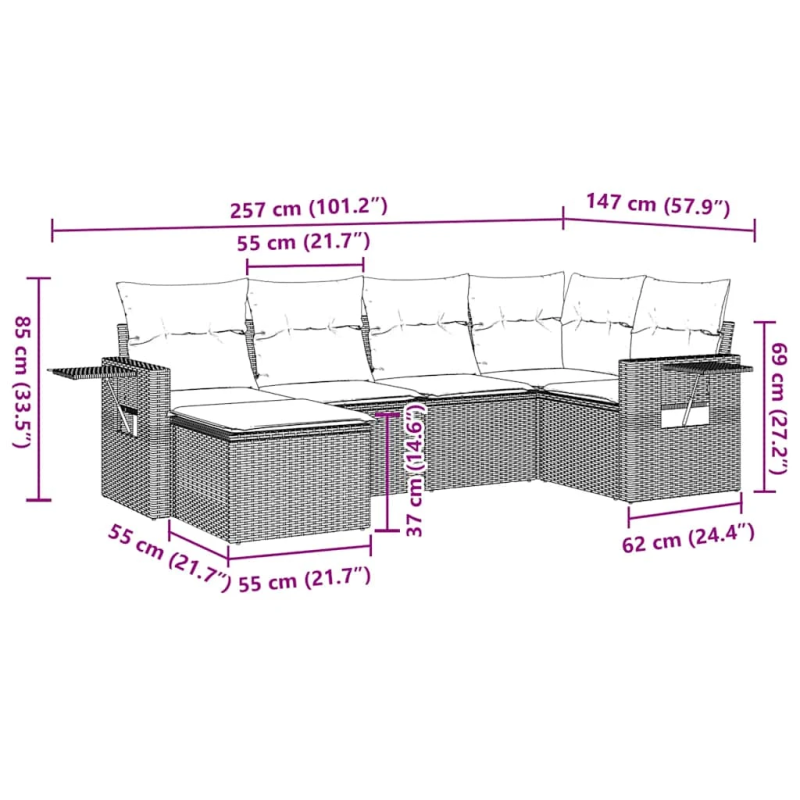 vidaXL 6-daļīgs dārza dīvānu komplekts, matrači, brūna PE rotangpalma