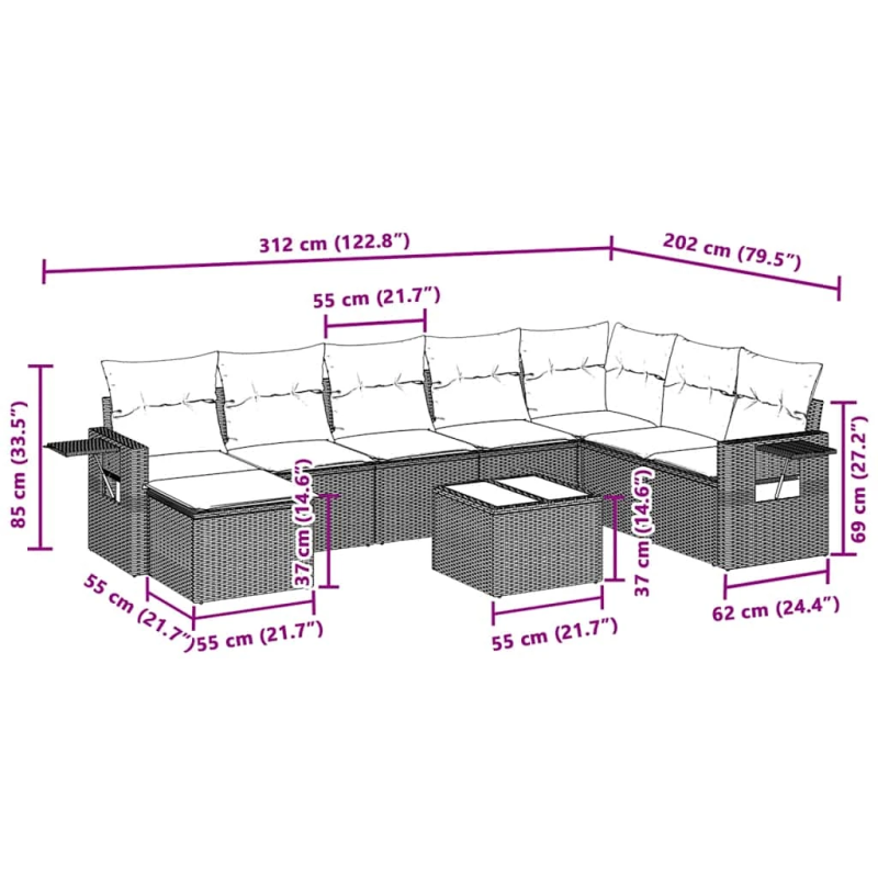 vidaXL 9-daļīgs dārza dīvāna komplekts,matrači, gaiši pelēka PE pinums