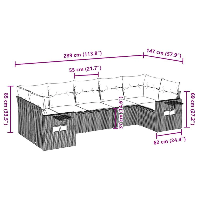 vidaXL 7-daļīgs dārza dīvānu komplekts, matrači, brūna PE rotangpalma