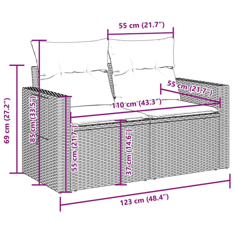 vidaXL 10-daļīgs dārza dīvāna komplekts, matrači, brūna PE rotangpalma
