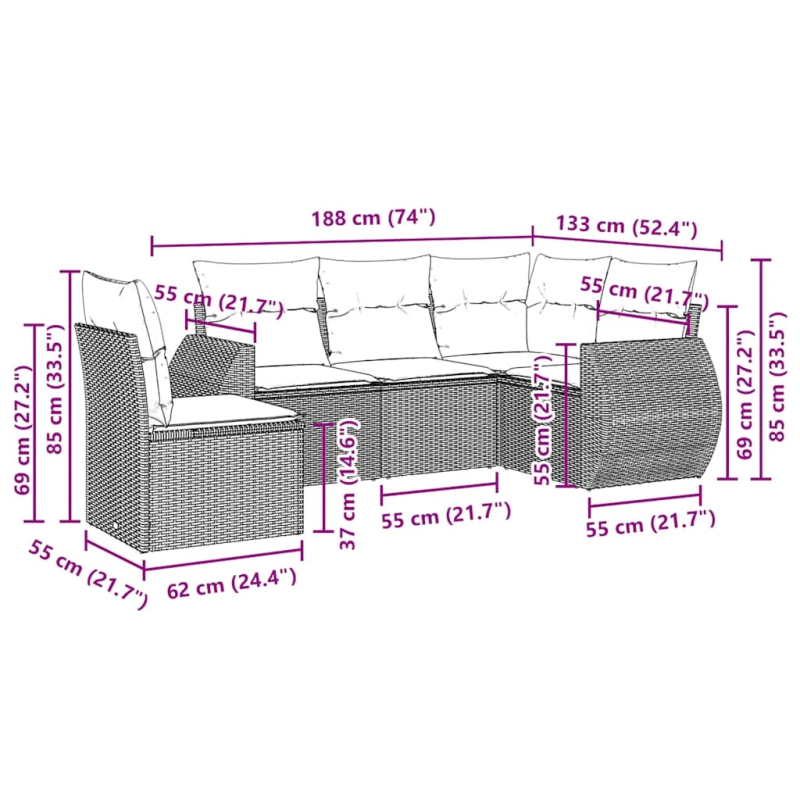 vidaXL 5-daļīgs dārza dīvānu komplekts,matrači, gaiši pelēka PE pinums