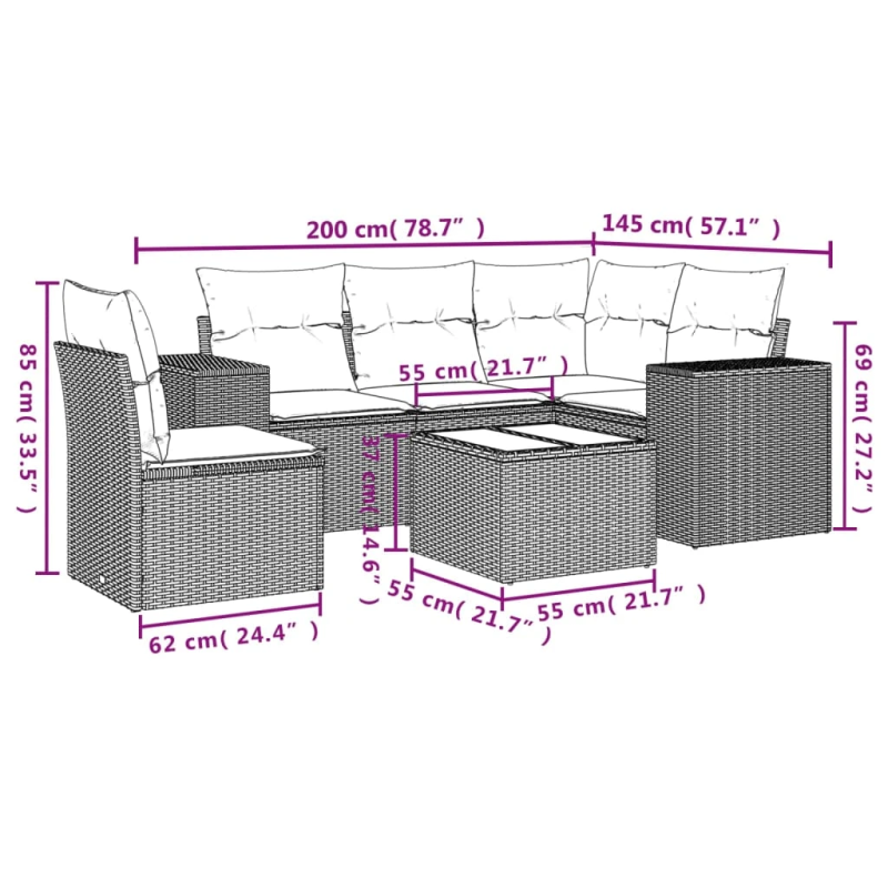 vidaXL 6-daļīgs dārza dīvāna komplekts, matrači, melna PE rotanpalma