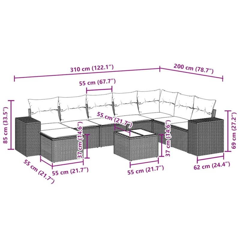 vidaXL 9-daļīgs dārza dīvāna komplekts,matrači, gaiši pelēka PE pinums