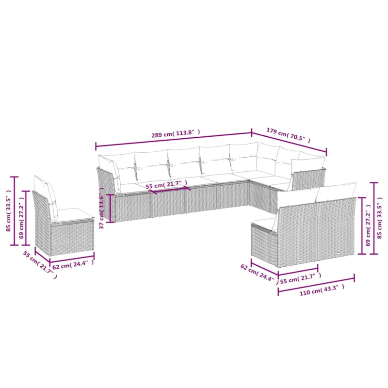 vidaXL 10-daļīgs dārza dīvāna komplekts, matrači, melna PE rotangpalma