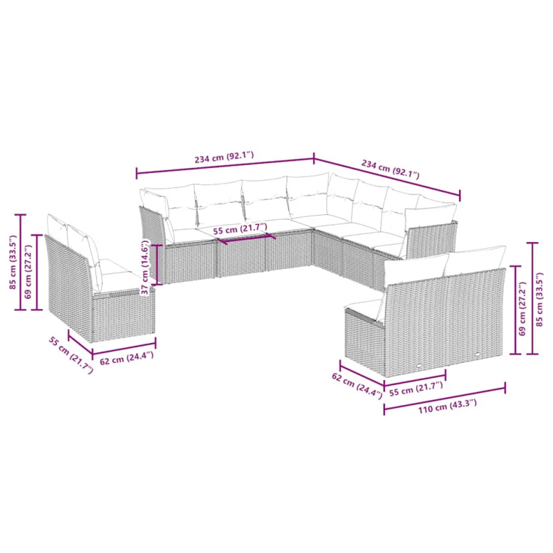 vidaXL 11-daļīgs dārza dīvāna komplekts ar matračiem, pelēka PE pinums