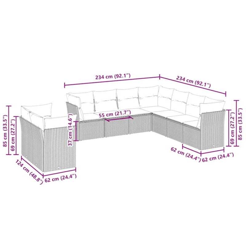 vidaXL 9-daļīgs dārza dīvāna komplekts,matrači, gaiši pelēka PE pinums