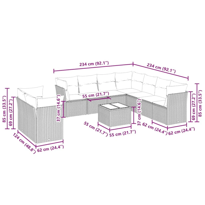 vidaXL 10-daļīgs dārza dīvāna komplekts ar matračiem, pelēka PE pinums