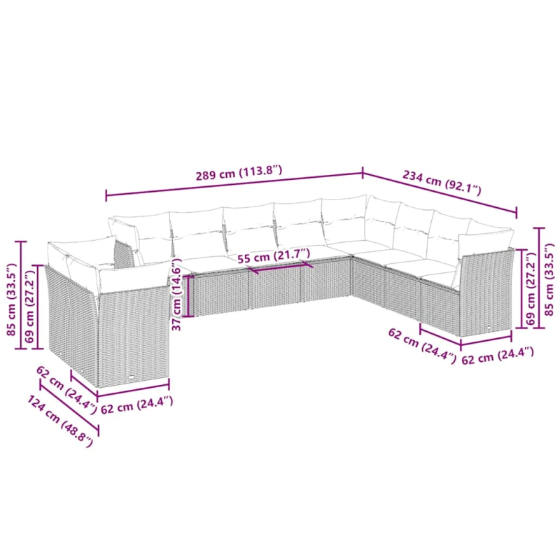 vidaXL 10-daļīgs dārza dīvāna komplekts ar matračiem, pelēka PE pinums