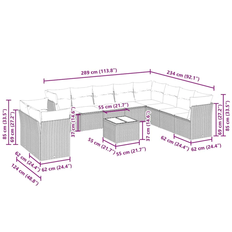 vidaXL 11-daļīgs dārza dīvāna komplekts ar matračiem, pelēka PE pinums