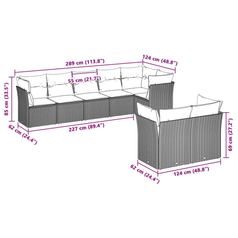 vidaXL 8-daļīgs dārza dīvāna komplekts,matrači, gaiši pelēka PE pinums