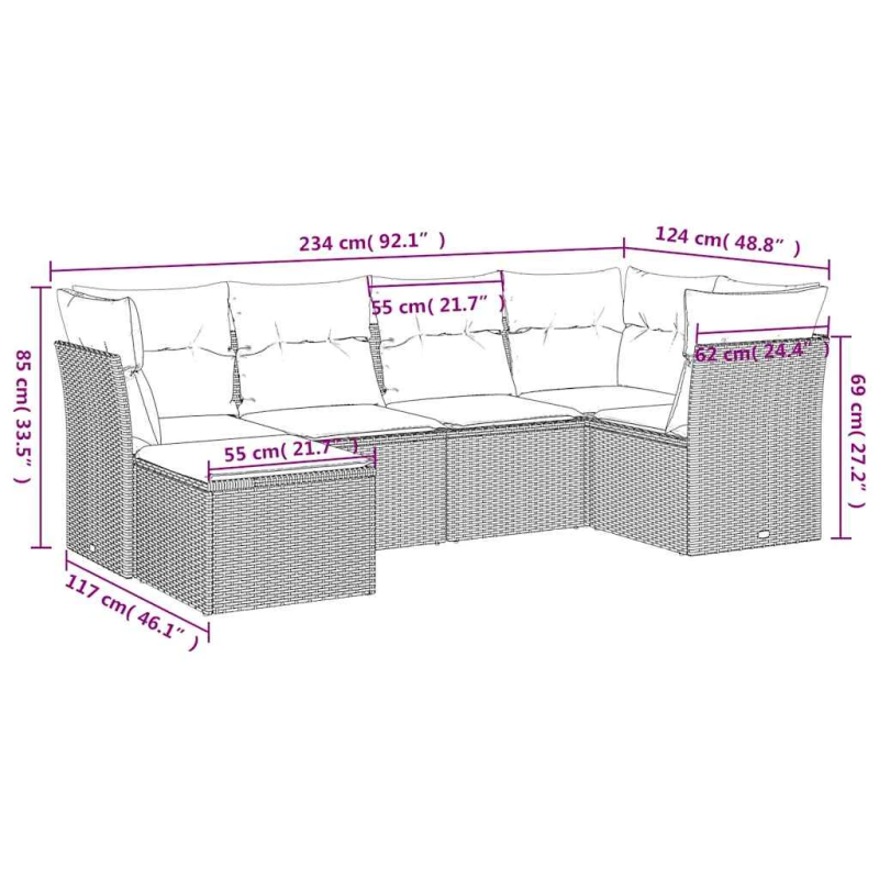 vidaXL 6-daļīgs dārza dīvānu komplekts, matrači, brūna PE rotangpalma