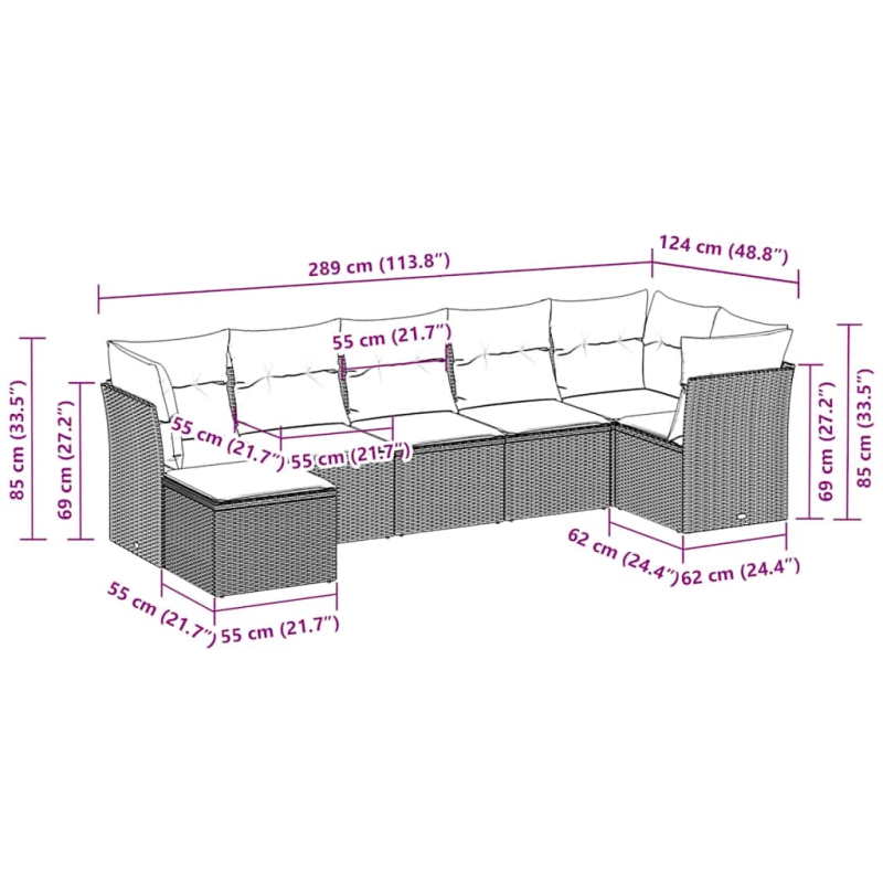 vidaXL 7-daļīgs dārza dīvāna komplekts,matrači, gaiši pelēka PE pinums