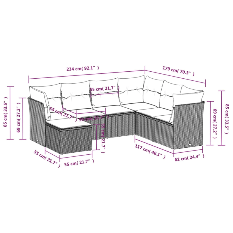 vidaXL 7-daļīgs dārza dīvāna komplekts ar matračiem, melna PE