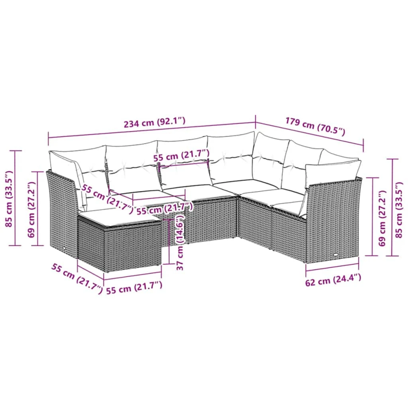 vidaXL 7-daļīgs dārza dīvāna komplekts,matrači, gaiši pelēka PE pinums