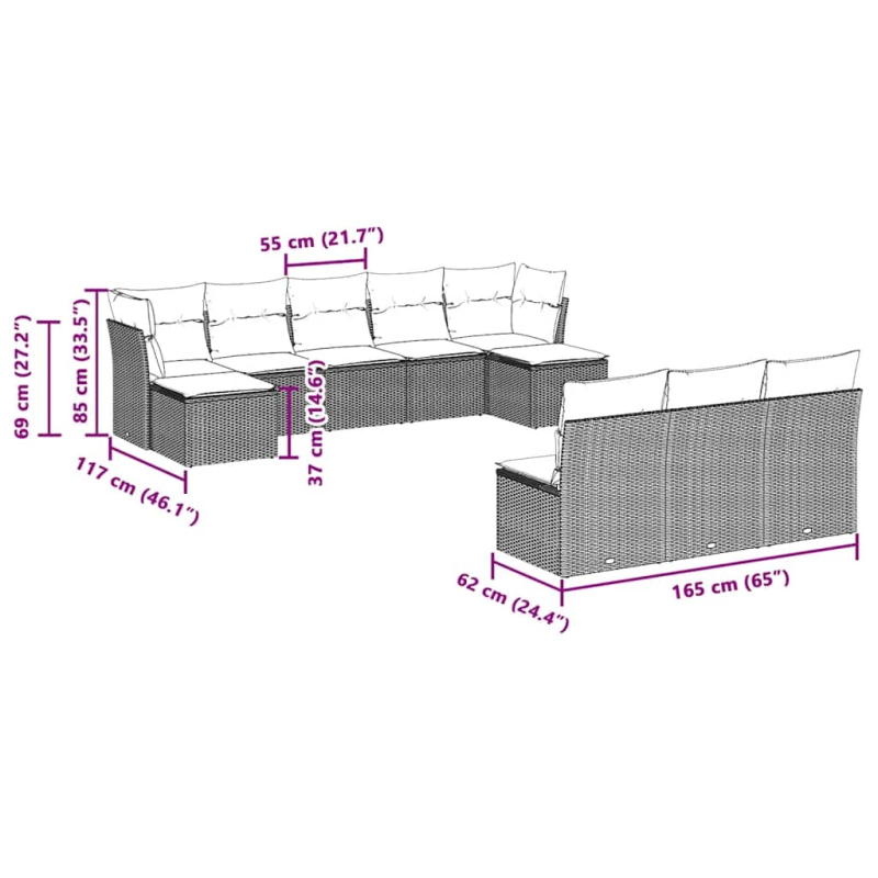 vidaXL 10-daļīgs dārza dīvāna komplekts ar matračiem, pelēka PE pinums