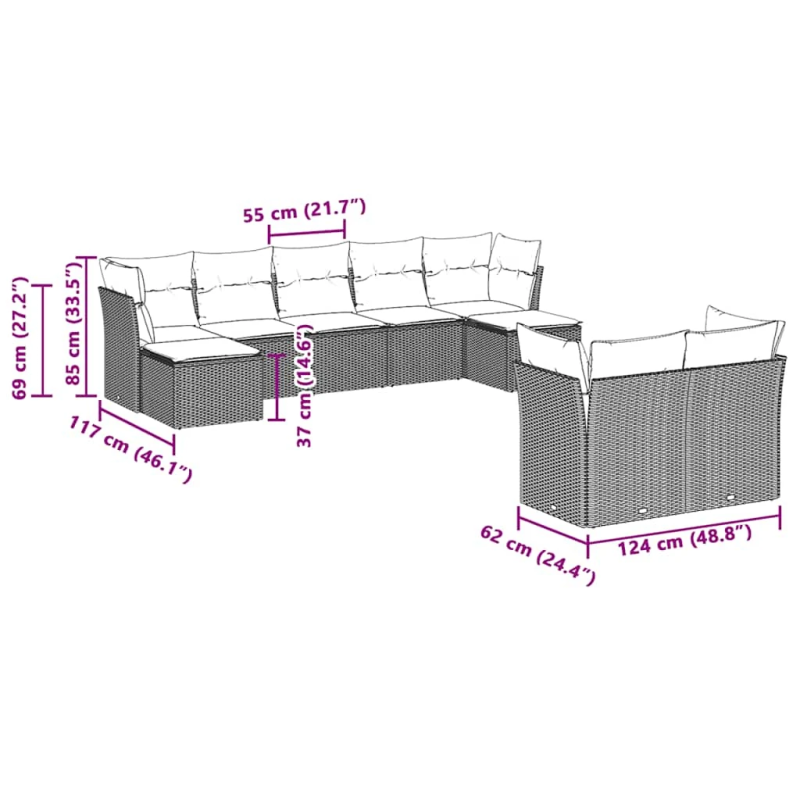 vidaXL 9-daļīgs dārza dīvāna komplekts,matrači, gaiši pelēka PE pinums