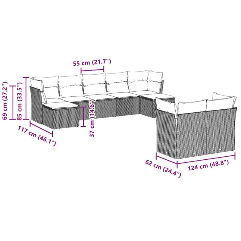 vidaXL 9-daļīgs dārza dīvāna komplekts, matrači, brūna PE rotangpalma