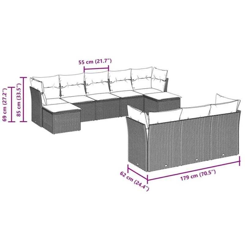 vidaXL 10-daļīgs dārza dīvāna komplekts ar matračiem, pelēka PE pinums